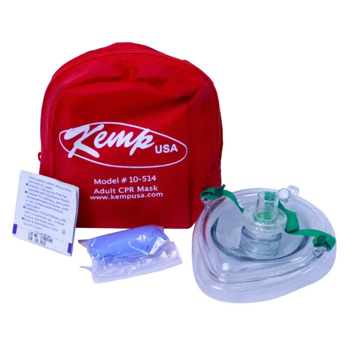Kemp USA CPR Mask With O2 Inlet, Headstrap, Gloves, And Wipes In Soft Case Pouch - Image 2