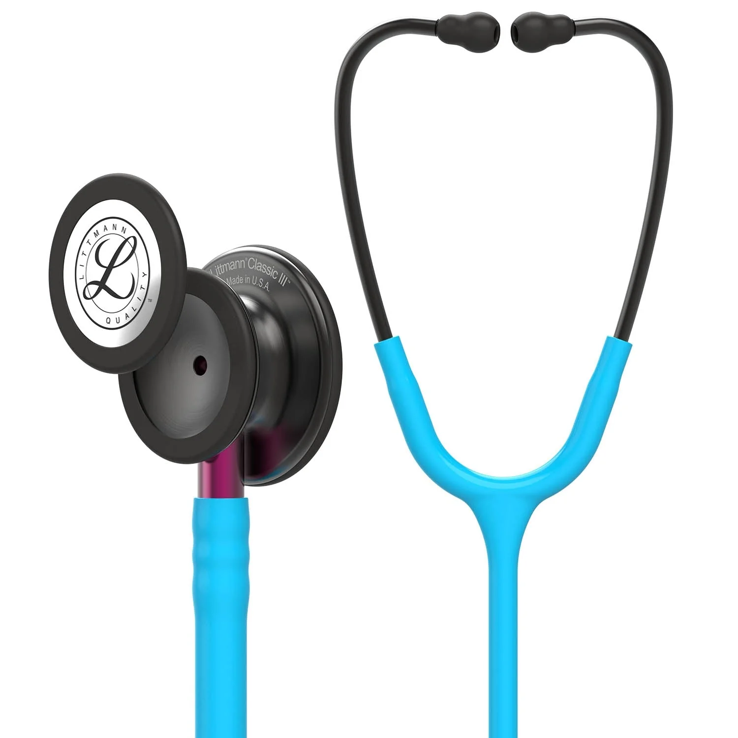 Littmann Classic III Monitoring Stethoscope: Smoke & Turquoise - Pink Stem 5872 - Over Engraved