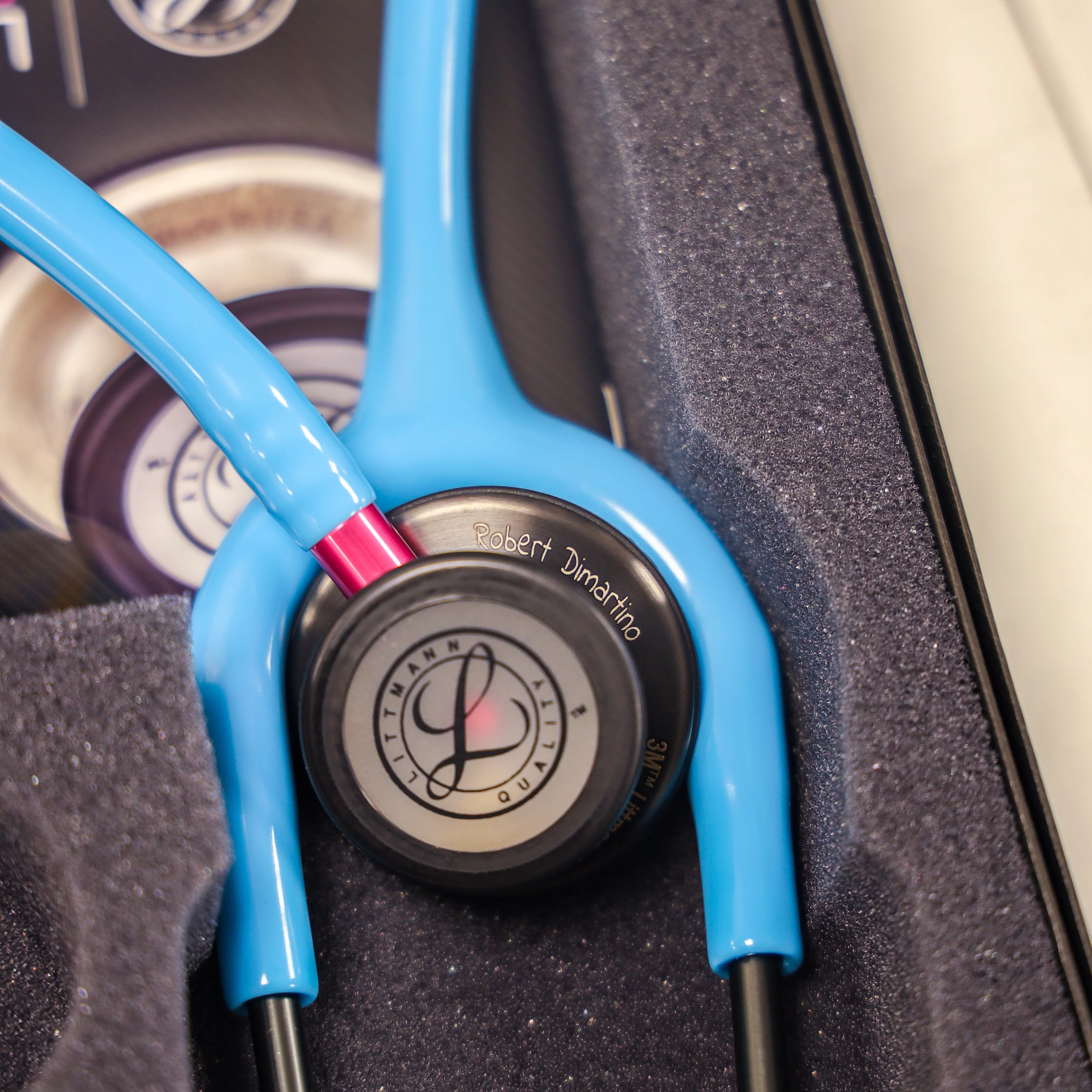 Littmann Classic III Monitoring Stethoscope: Smoke & Turquoise - Pink Stem 5872 - Over Engraved - Image 10