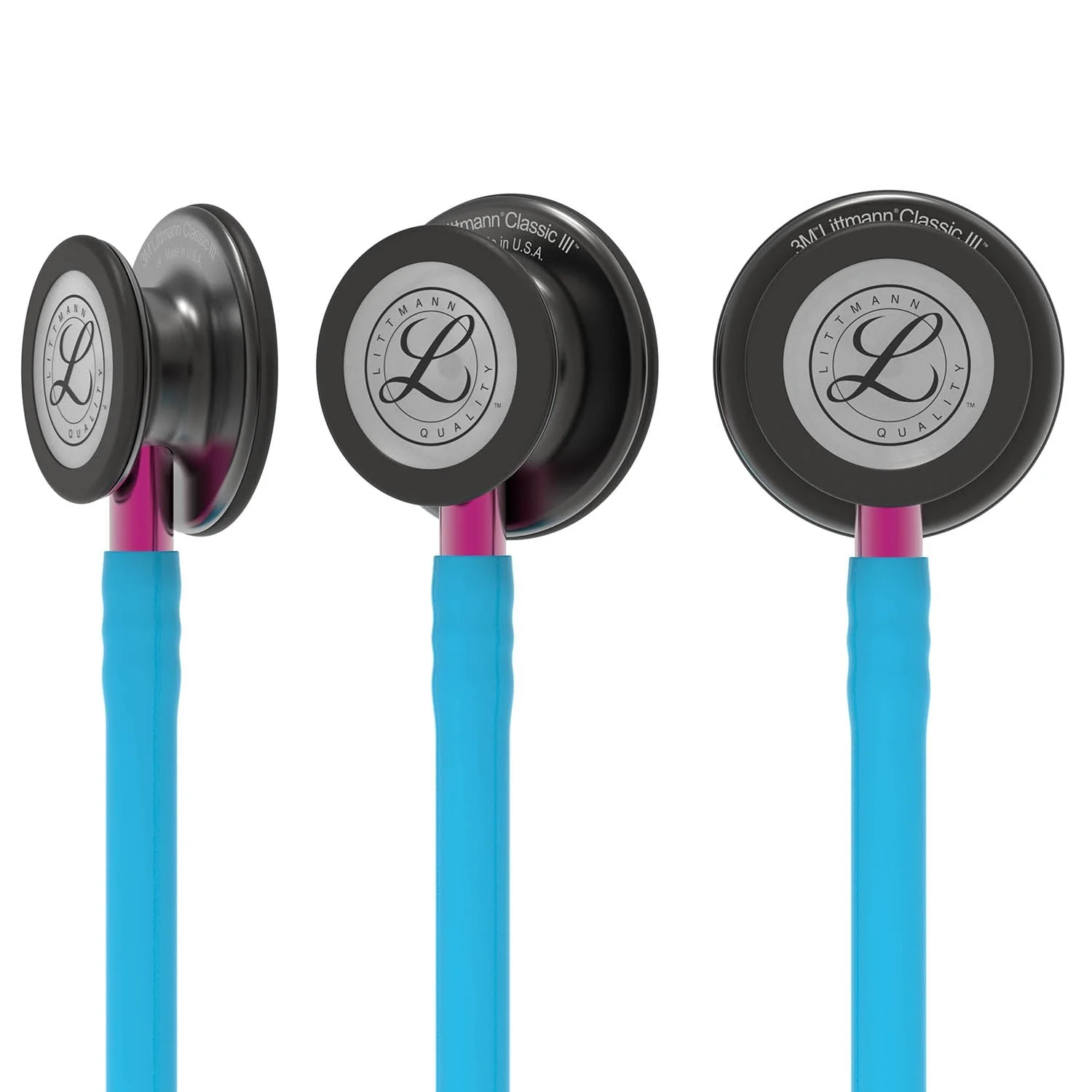 Littmann Classic III Monitoring Stethoscope: Smoke & Turquoise - Pink Stem 5872 - Over Engraved - Image 6