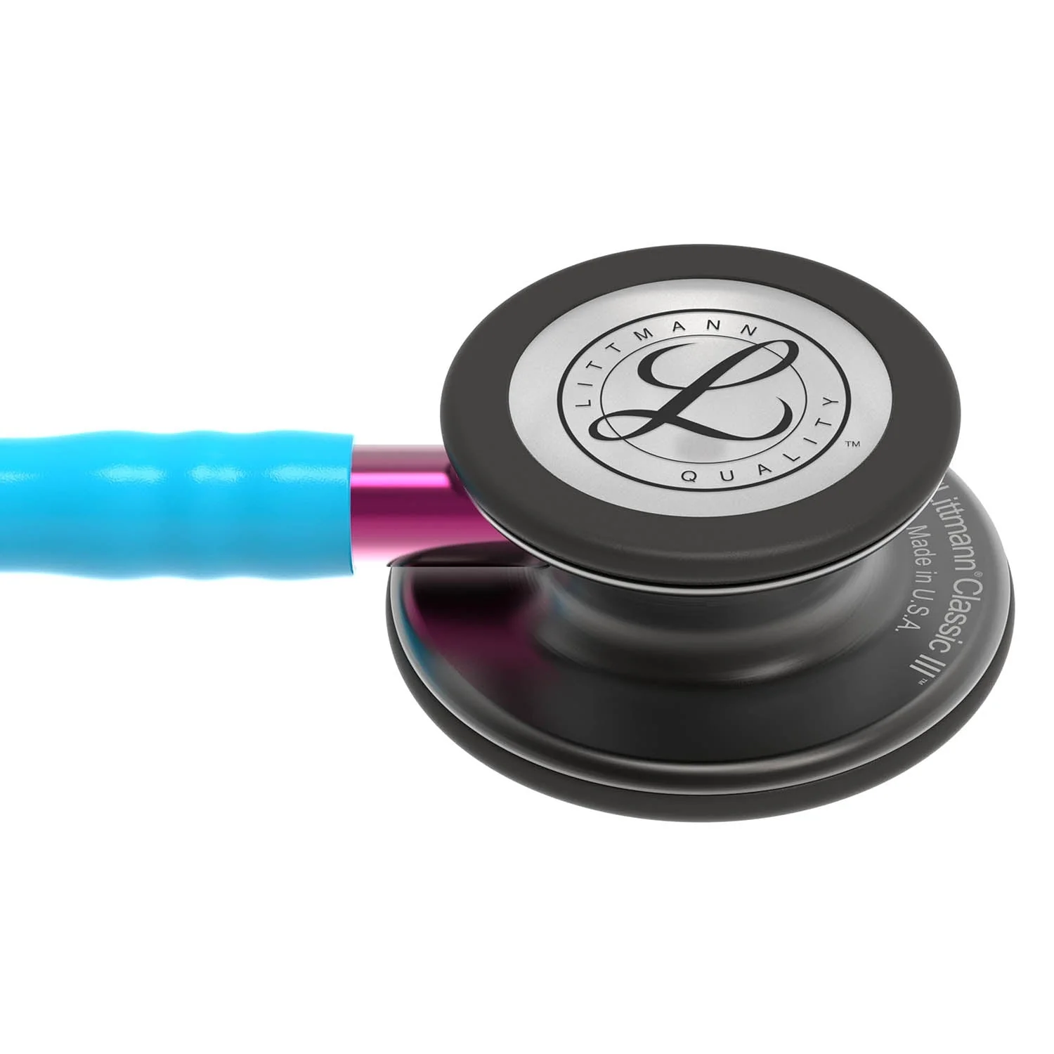 Littmann Classic III Monitoring Stethoscope: Smoke & Turquoise - Pink Stem 5872 - Over Engraved - Image 7