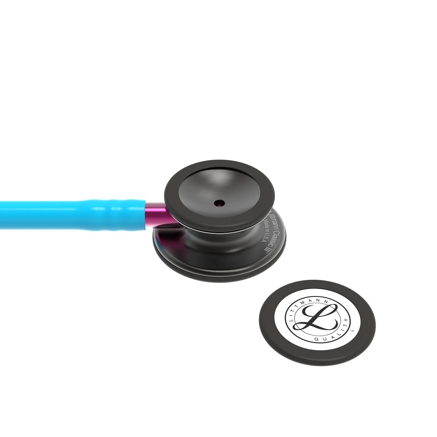 Littmann Classic III Monitoring Stethoscope: Smoke & Turquoise - Pink Stem 5872 - Over Engraved - Image 8