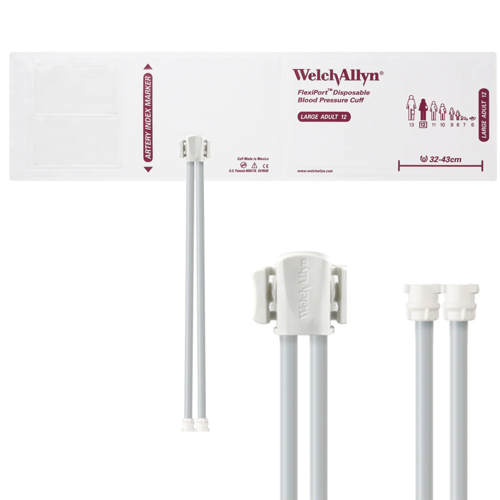 Welch Allyn FlexiPort Blood Pressure Cuff; Size-12 Large Adult, Soft Disposable, 2-Tubes - Pack of 20